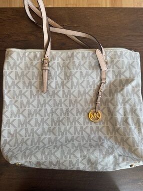 Michael Kors Beige Logo Canvas Tote with Pale Pink Straps and Gold Accent